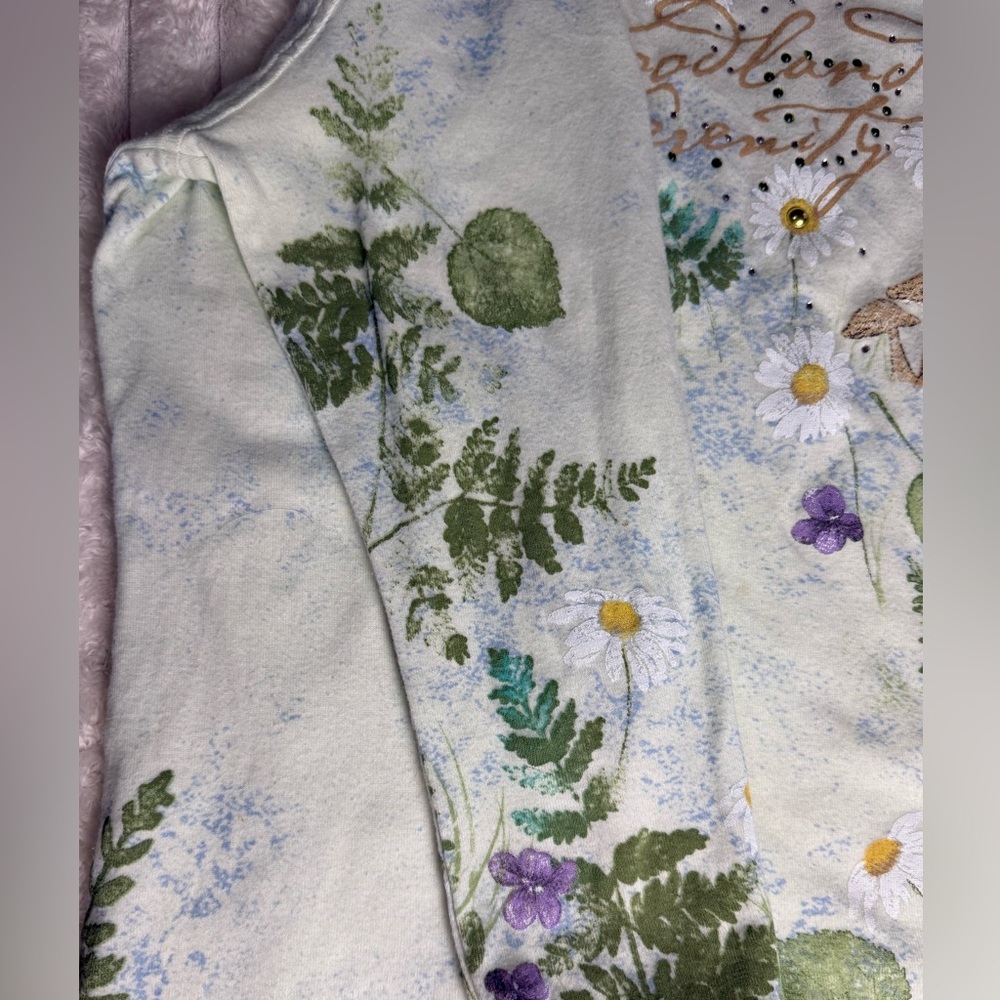 Artisans Woodland Serenity Nature Green 3/4 Length Sleeve Embellished Top M - Picture 9 of 10